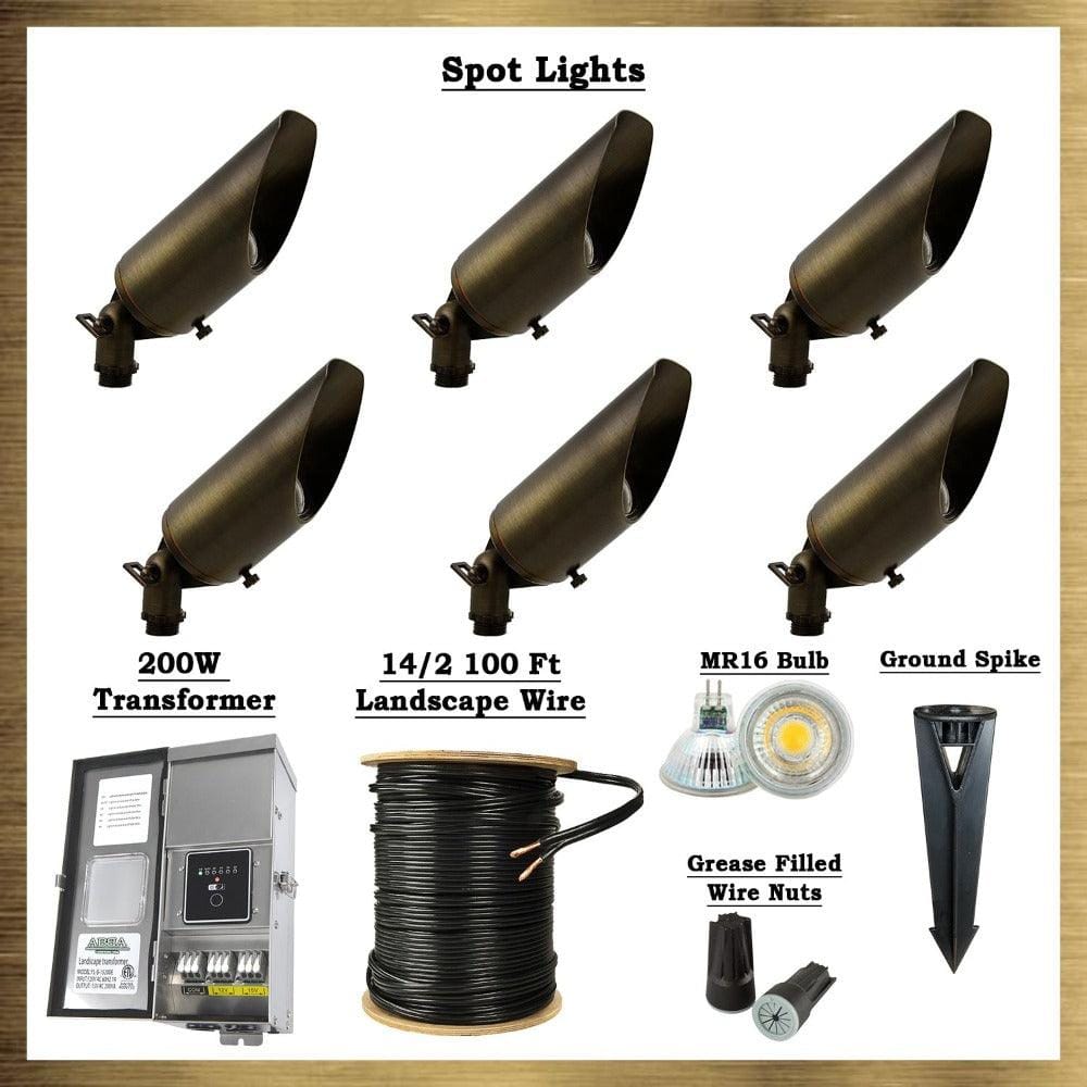 VOLT Lighting Solid Brass LED Landscape Lighting Kit (6 Spotlights, 2 Path  Lights) & 100W Low Voltage Transformer