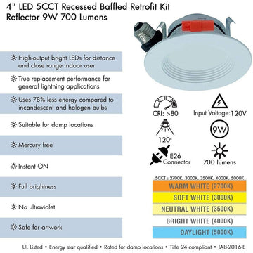 AH Lighting 4" LED Selectable 5CCT 9W Recessed Baffled Retrofit Kit Reflector - Kings Outdoor Lighting