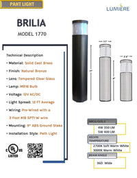 Brilia Solid Cast Brass Bollard Pathway Light Natural Bronze Low Voltage Outdoor Lighting
