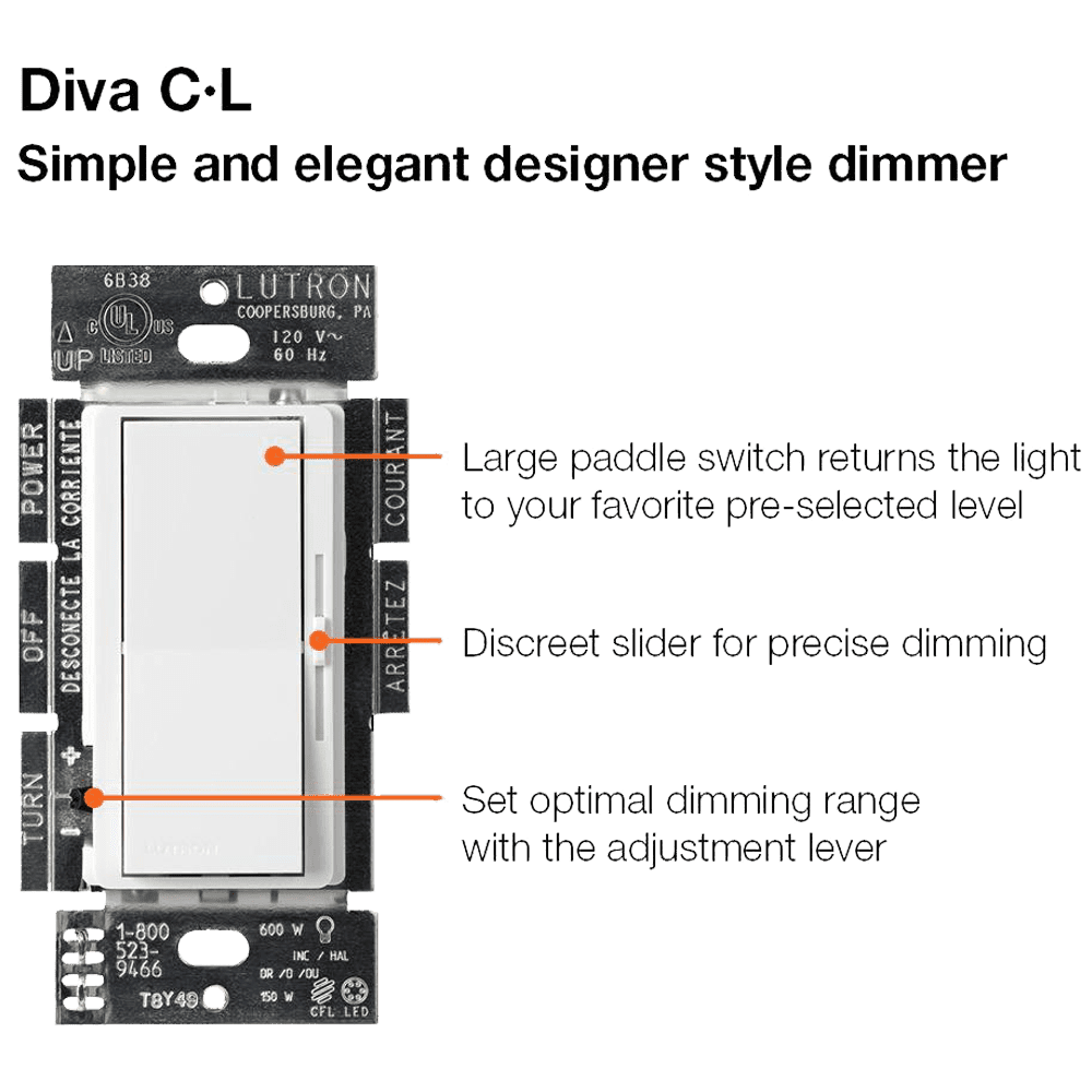 Lutron Diva C.L Dimmer Switch for Dimmable LED, Halogen and Incandescent Bulbs, Single-Pole or 3-Way, White.