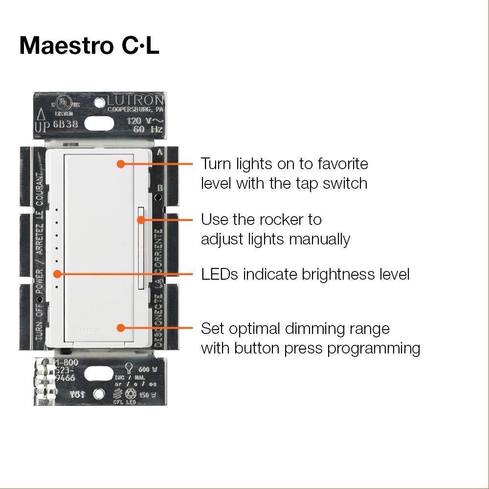 Lutron Maestro C.L Dimmer Switch MACL-153M-WH, White.