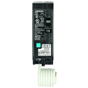 Siemens QA115AFC 15 Amp 1 in. Single-Pole 120-Volt Plug-On Combination AFCI Circuit Breaker.